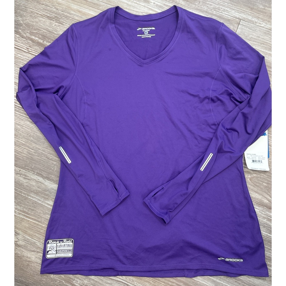 NWT Brooks XL Essentail LS V neck Womens Active Royal Purple RnR Marathon Logo